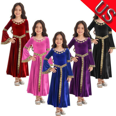 #ad US Girls Medieval Halloween Costume Long Flare Sleeve Princess Dress Ups Dress $18.69