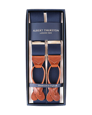 #ad NWT ALBERT THURSTON BRACES suspenders Navy blue elastic 1.4quot; handmade England $69.30
