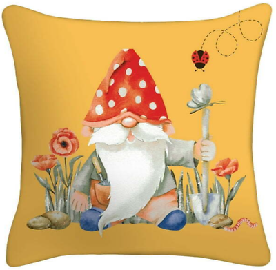 #ad RED MUSHROOM GNOME Outdoor Pillow 16quot; Rvrs Sunny Yellow Poppies Ladybug USA New $12.99