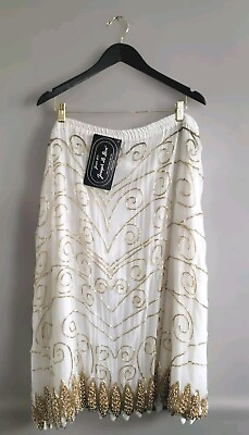 #ad Jean For Joseph Le Bon Skirt Women#x27;s 3X Cream Gold Silk Sequin Beaded Lined NWT $89.99
