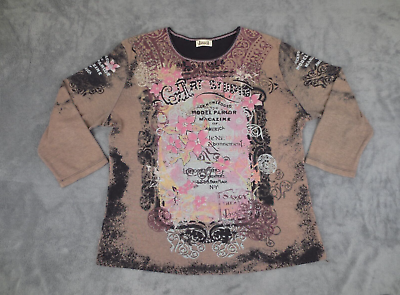 #ad Jamee J Shirt Womens Large Beige Pink Cotton 3 4 Sleeve Floral Art Print USA $5.98