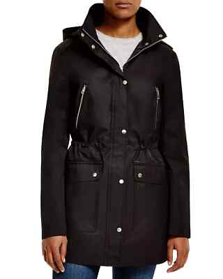 #ad Cole Haan L93009 Womens Black Anorak Removable Hood Adjustable Waist Coat Size S $105.00