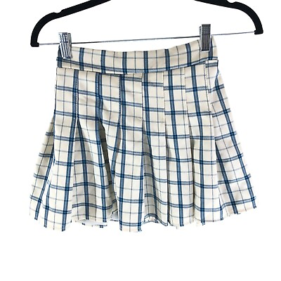 #ad Princess Polly Mini Skirt Pleated Schoolgirl Plaid Pull On Ivory Blue S M $14.99