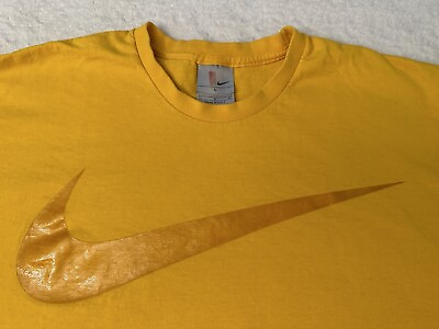 #ad Vintage 2000s Y2K Nike Big Swoosh Block Letter Rubber Print T Shirt Silver Tag L $40.00