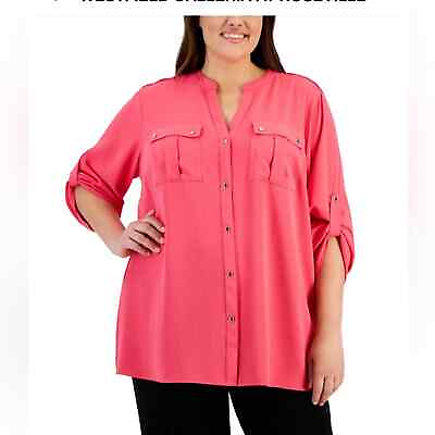 #ad NEW Calvin Klein Plus Size Textured Roll Tab Button Down Shirt Pink Womens 2X $36.00