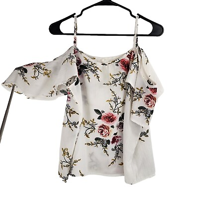 #ad Cute White Floral Top Off The Shoulder Flowy Blouse Womens Size Large $6.99