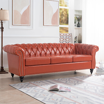 #ad 84in Chesterfield Sofa Faux Leather Upholstered 3 Seater Rolled Arm Tufted Red $699.99