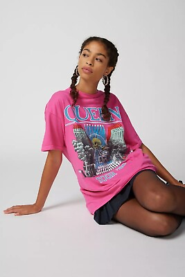 #ad Urban Outfitters Queen Distressed Oversized Tee One Size Pink Crew Neck $29.99
