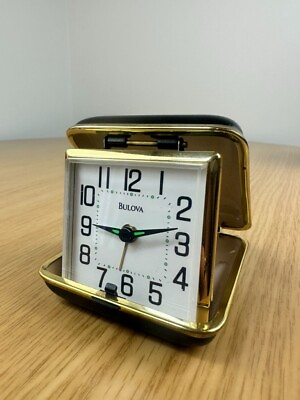 #ad Vintage Bulova Wind Up Travel Alarm Clock Green Black $23.44