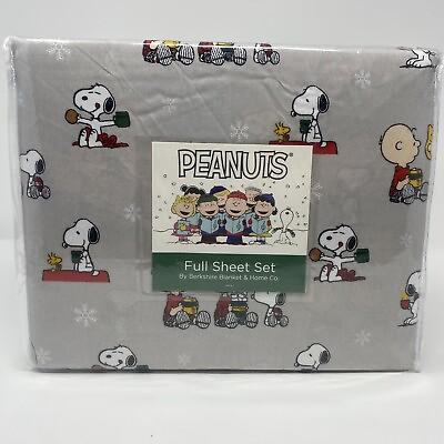 #ad Peanuts Berkshire Snoopy Woodstock Christmas Charlie Brown Grey Full Sheet Set $39.95