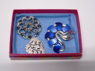 #ad Blue Lucite Brooch by STAR Rhinestone Heart by Hedy Silver Tone VTG Lot 3 Pins $24.19