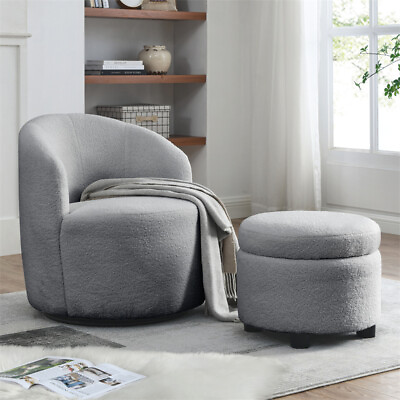 #ad Modern Swivel Barrel Chair Round Accent Chair Teddy Fabric with Storage Ottoman $238.00