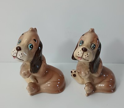 #ad Vintage Salt Pepper Set Dogs Brown Tan Blue Eyes Made In Japan 2.5quot; Tall $10.99
