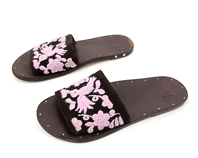 #ad Beek by Two Birds Women 7 Embroidered Textile Leather Sandals brown purple slide $64.00
