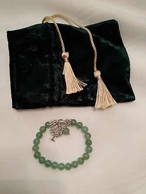 #ad Green beaded expandable bracelet with pouch N137 QVC silvertone tree charm $10.00