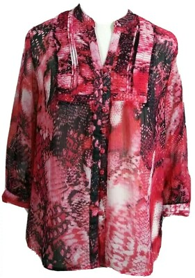 #ad Jones New York Petite Small PS 3 4 Sleeve Pink Tunic Button Down Blouse Top $8.00