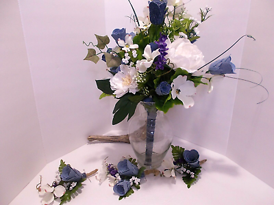 #ad Wedding Denim Roses Bridal Bouquet Flowers Package w Corsage and 2 Boutonnieres $44.99