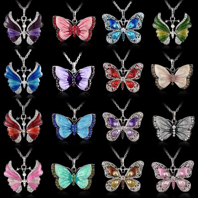 #ad Fashion Crystal Rhinestone Butterfly Pendant Necklace Sweater Chain Jewelry Gift $2.07