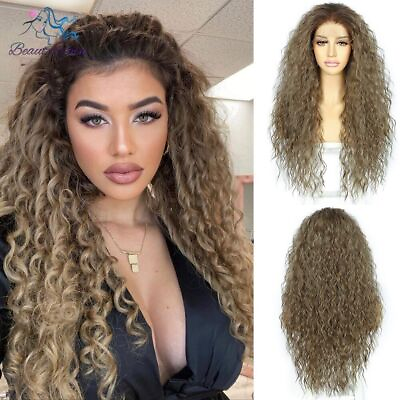 #ad 2023 Long inch blonde synthetic 13x3 lace front wig 613 curly HD transparent $92.07