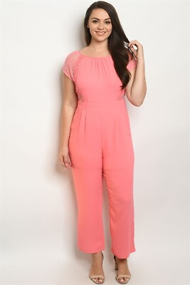 #ad Womens Plus Size Coral Pink Jumpsuit 3XL Lace Detail Cap Sleeve Open Back $29.95