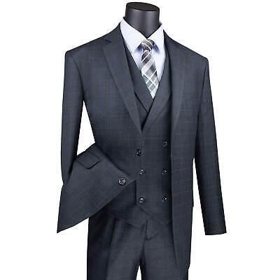 #ad VINCI Men#x27;s Charcoal Gray Glen Plaid 3 Piece 2 Button Classic Fit Suit NEW $130.00