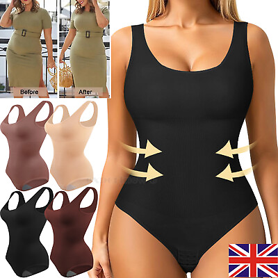#ad Womens Body Suit Shaper Tummy Control Post Surgery Smooths Belly Round Neck Tops GBP 17.79