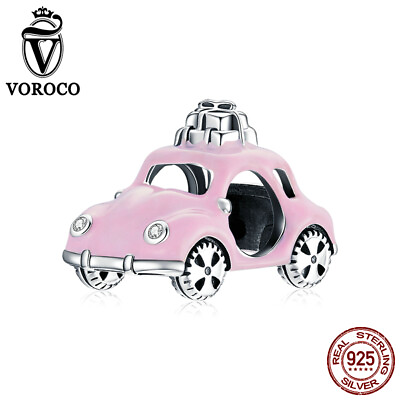#ad Voroco European 100% Sterling Silver Charm Pave CZ Enamel Pink car For Bracelet $13.33