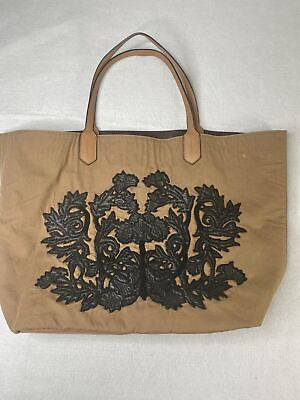 #ad Italian Womens Tote Bag Brown Black Leather Canvas Reversible Embroidered #2031 $119.99