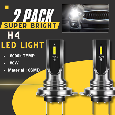 #ad pair H4 9003 HB2 LED Headlight Bulbs Kit High Low Beam Super Bright 6000K White $11.27