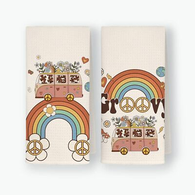 #ad Groovy Retro Bus Peace Sign Daisy Rainbow Soft Kitchen Towels Dishcloths 16x2... $27.29