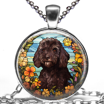 #ad Faux Stained Glass Art Print Black Labradoodle Dog Gift Pendant Necklace 24quot; $13.45