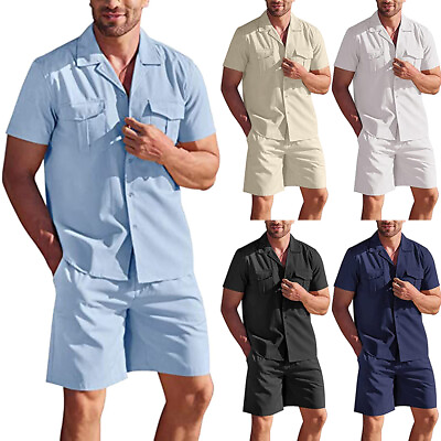 #ad Mens Solid Short Sleeve T ShirtShorts 2PCS Outfits Set Summer Work Casual Tops $27.22