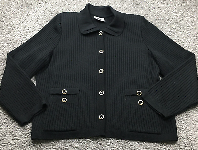 #ad VTG Mita Womens Cardigan Sweater Size L Black Ribbed Knit Shoulder Pads $18.19