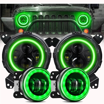 #ad 7inch Green Halo LED Headlights DRL4quot; Fog Lights For Jeep Wrangler JK 2007 2018 $149.14