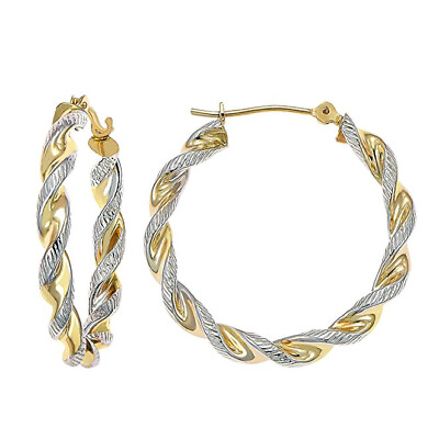 #ad 14K Real Solid Gold Two tone Gold Twisted Rope Round Chunky Creole Hoop Earrings $116.25