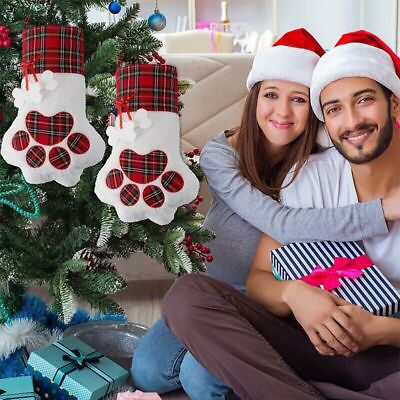 #ad Pet Paw Christmas Stocking Cotton Xmas Stockings Plaid Hanging Sock Home $24.40