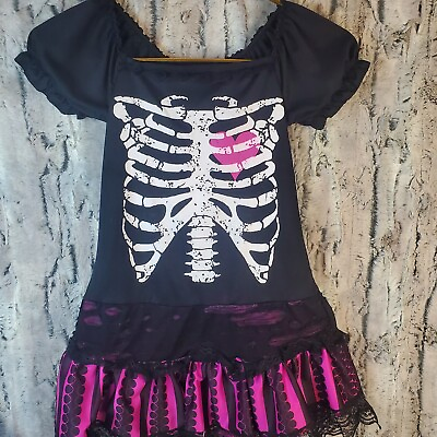#ad Sally Skully Skeleton Costume Little Girls Size 8 10 Punk Rock Vibe $9.86