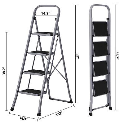 #ad Non slip 4 Step Ladder Folding Wide Pedal Steel Stool Convenient Handgrip Grey $47.58