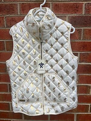#ad Simply Southern Quilted White Pineapple Gold Print Vest Womens L Puffer New m1 $24.99