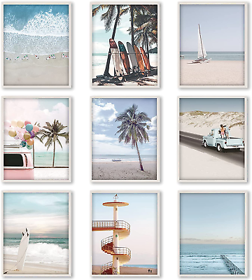 #ad 9 Pieces Beach Wall Art Prints Ocean Beach Décor Nautical Themed Posters Teens G $7.99