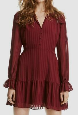 #ad $645 Lini Womens Red Stripe Ruffle V Neck Button Long Sleeve Mini A Line Dress 2 $83.58