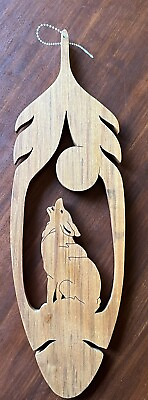 #ad Halloween Wolf Wood Carving Leaf Or Feather with Howling Wolf Moon Hangable 14” $15.00