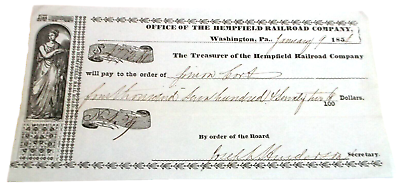 #ad JANUARY 1854 HEMPFIELD RAILROAD WASHINGTON PENNSYLVANIA COMPANY CHECK Bamp;O $75.00