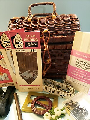 Vintage Wicker Small Sewing Kit Basket W Handle amp; Contents 13 Items Notions $19.98