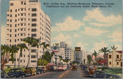 #ad MIAMI BEACH Florida Postcard Collins Avenue Hotel Row Curteich Linen c1951 $6.07