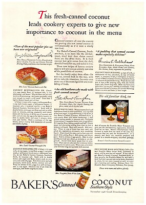 #ad 1926 Baker#x27;s Coconut Vintage Print Ad Fresh Canned Southern Style Pie Recipes $11.99
