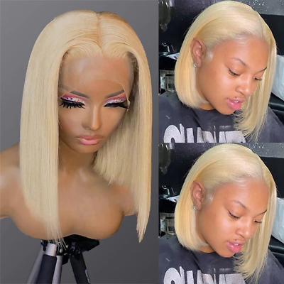 #ad #ad Blonde Bob Wigs Human Hair Lace Frontal T Part 13X1X4 Middle Part Brazilian Remy $66.23