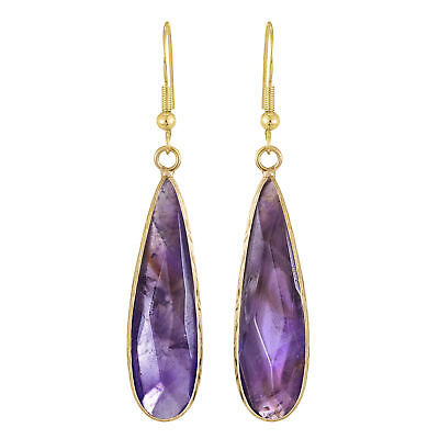 #ad Unique Purple Amethyst Long Teardrops Gold Plated Silver Dangle Earrings $19.40