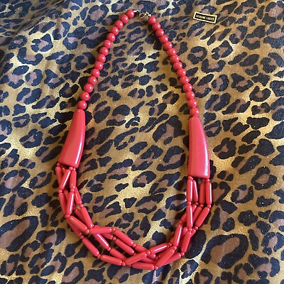 #ad Gorgeous Vintage 1950s Hong Kong Genuine Lucite Bold Red Necklace w Orig. Tag $8.99