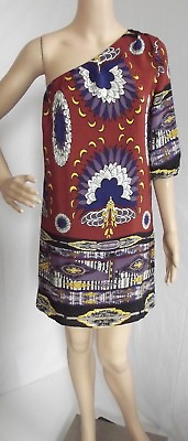 #ad Jaloux Dress Size Small Peacock Print One Shoulder 100% Silk Shift classy $19.99